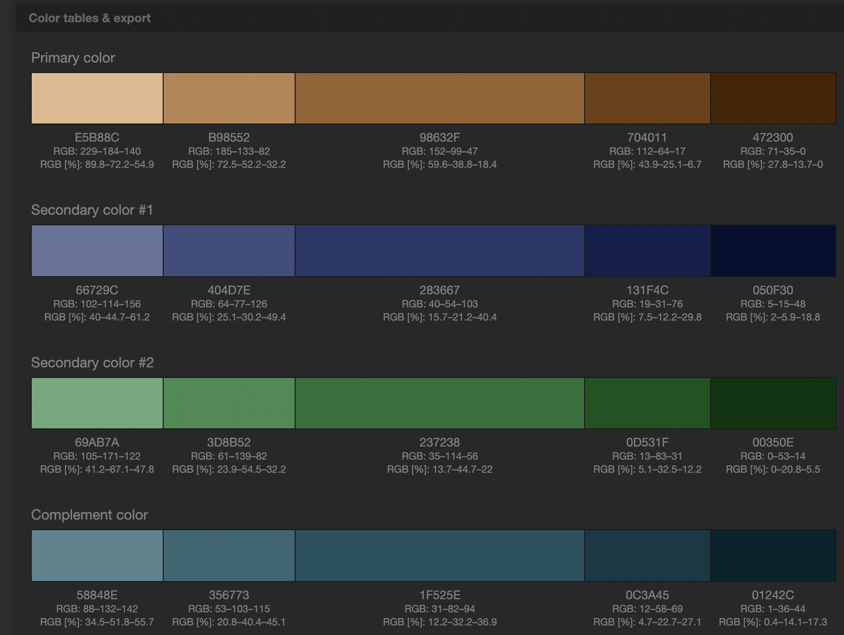 Palette #1- brown Primary; blue and green Secondary; teal Complimentary.
