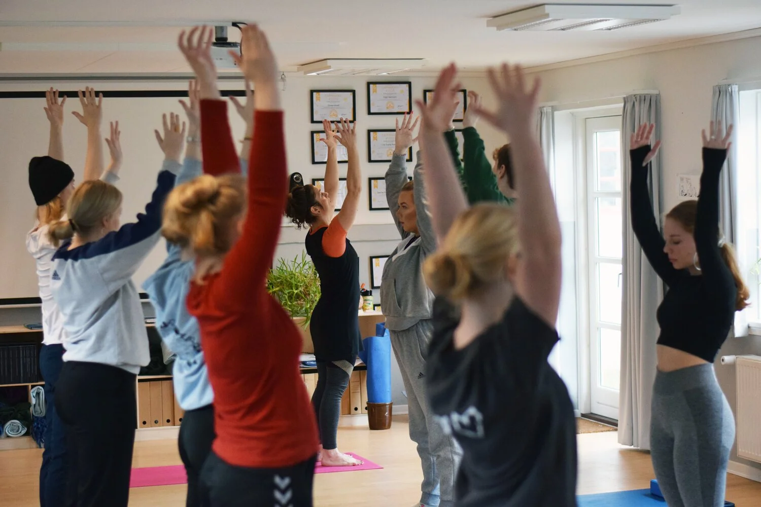 Gruppe af mennesker, der deltager i en yoga- eller pilates-klasse, alle med armene løftet opad, i et oplyst rum med vinduer og certificeringsrammer på væggen.