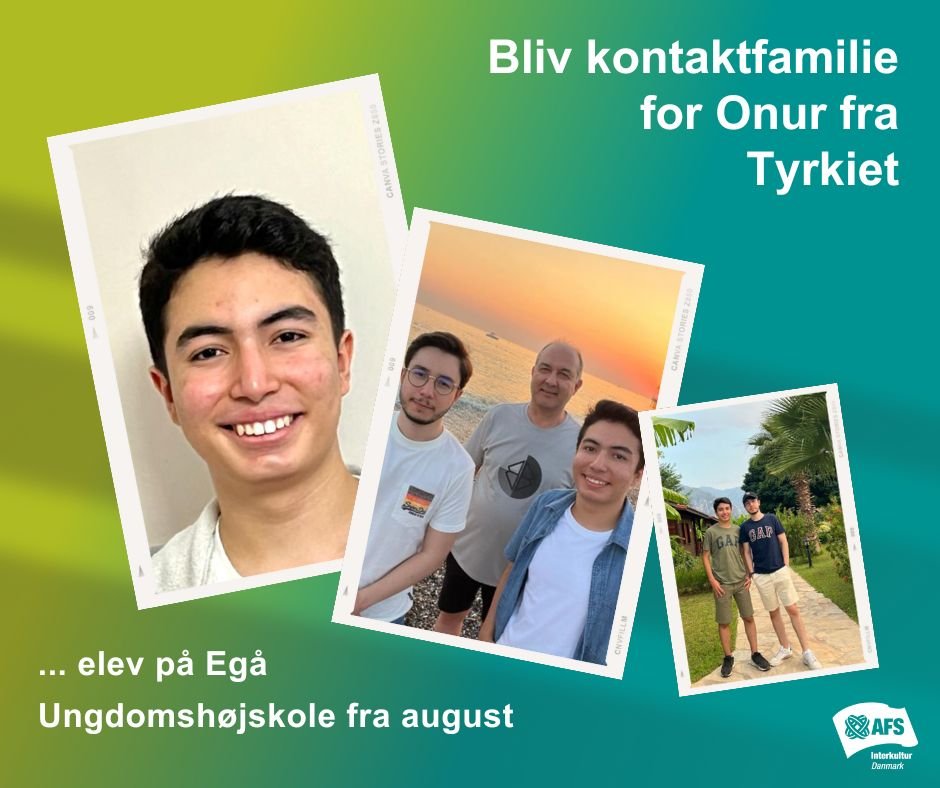 Vil du/I gerne hj&aelig;lpe Onur med at f&aring; et godt ophold i Danmark? S&aring; bliv hans kontaktfamilie.

Onur er 18 &aring;r og kommer fra Tyrkiet. 🇹🇷 Han skal v&aelig;re elev p&aring; Eg&aring; Ungdoms-H&oslash;jskole fra 4. august til 21. d