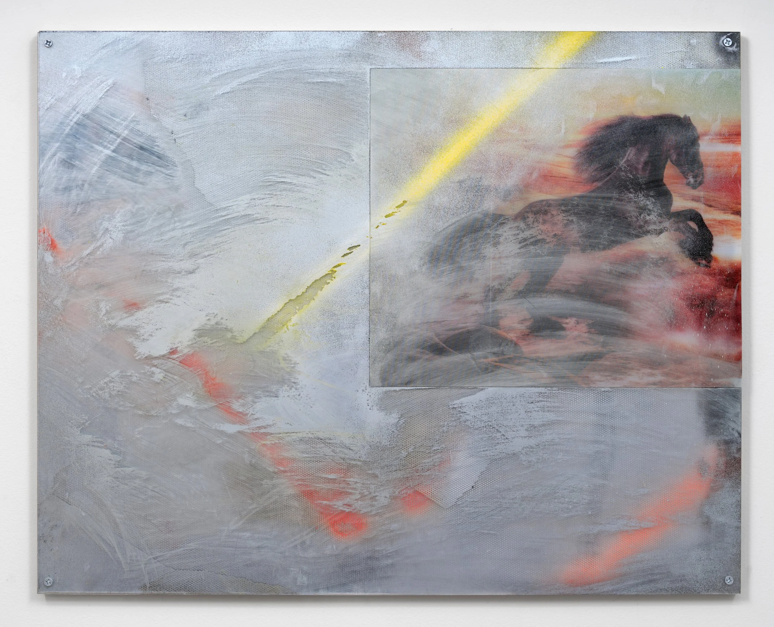  Más allá del alcance del cielo (新世界) , 2025 
Perforated vinyl, lenticular print, and spray paint on plexi and plywood 
24 × 30 inches