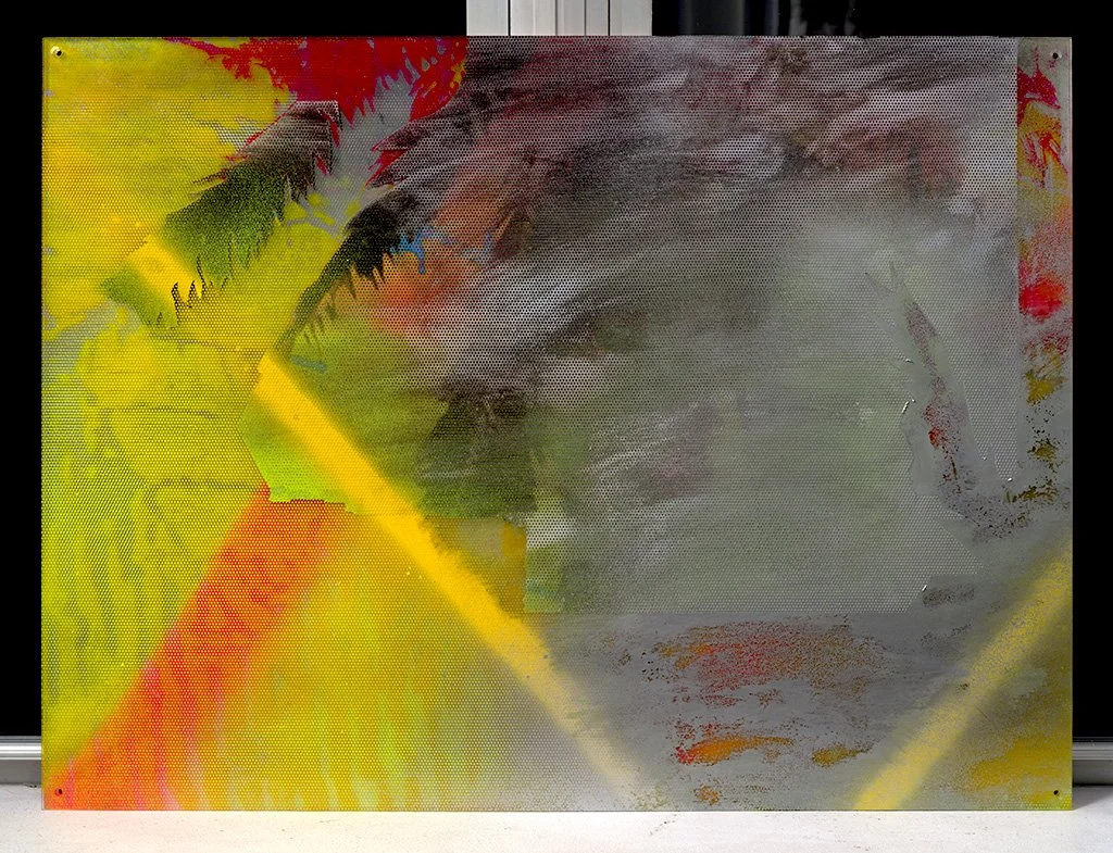  Ornaments at the Periphery of a Triumphal Procession , 2025 
UV print, perforated vinyl, and spray paint on plexi and plywood 
24 × 32 inches