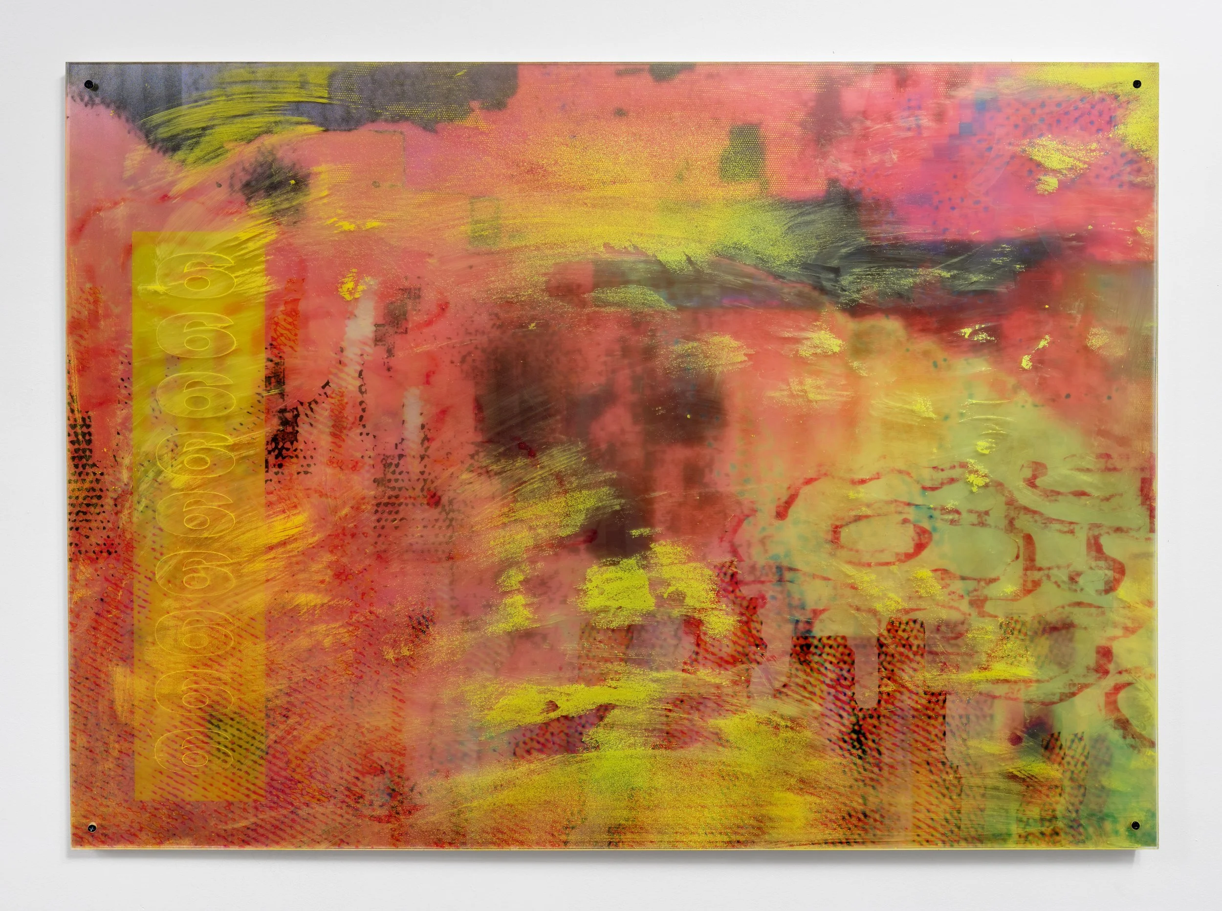  6八八66八八666八八66八八6 , 2025 
Lenticular print, spray paint, vinyl decals on plexi and plywood 
34-1/2 x 48 inches