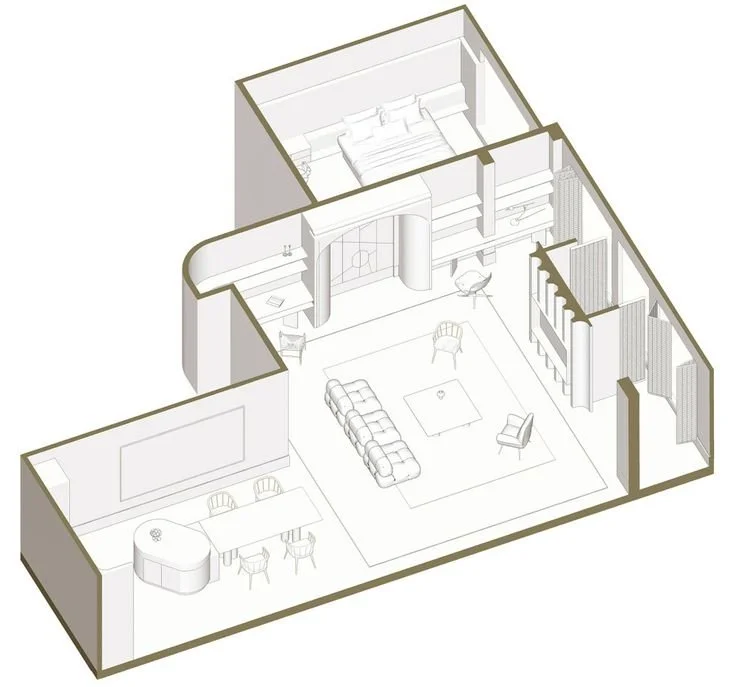 Planimetria di un appartamento con soggiorno, camera da letto, cucina e bagno.