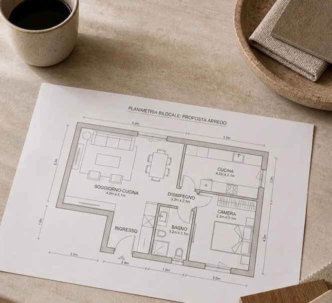 Pianta di un appartamento con stanze tavolo e sedie, cucina, bagno, camera da letto e ingresso, posizionati su un tavolo con una tazza di caffè e un vassoio con tovaglioli in secondo piano.