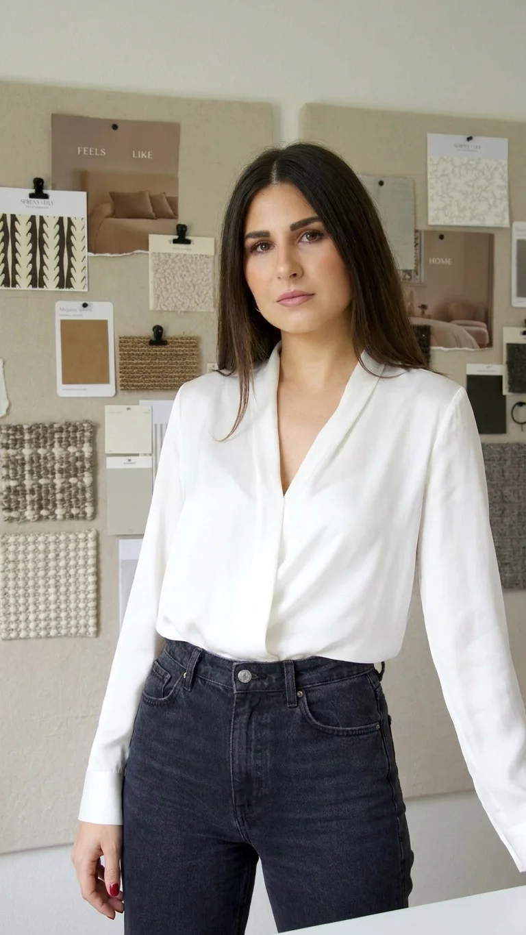 Una donna con capelli castani, indossa una camicia bianca e jeans neri, si trova in un ambiente con campioni di tessuti e decorazioni su una parete.