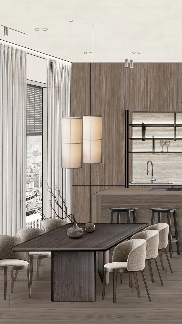 Interior di una cucina e sala da pranzo moderna con tavolo in legno scuro, sedie imbottite neutre, lampade pendenti beige, pareti in legno e grandi finestre con tende bianche e persiane