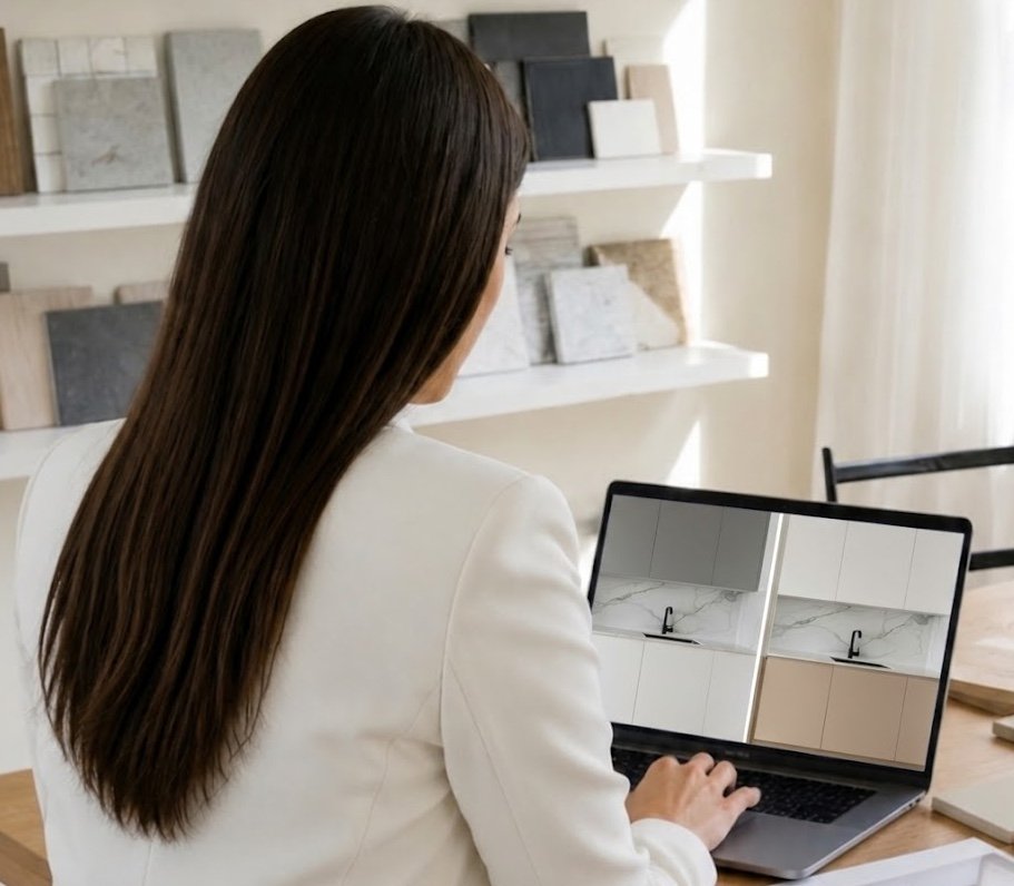 "Progettazione bagno online su misura: render di mobili con piani e lavabi durante una consulenza Ordine3"