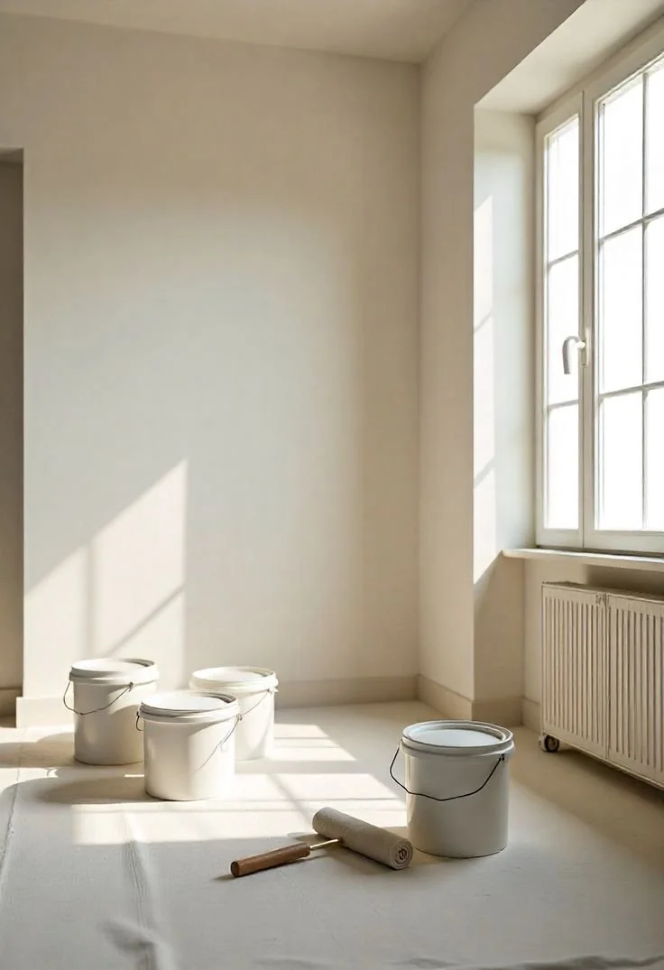 Stanza luminosa con quattro secchi di vernice bianca e un rullo, pronta per la pittura, accanto a una grande finestra che lascia entrare molta luce.