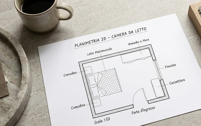 Pianta di una camera da letto con letto matrimoniale, armadio a muro, finestra, cassettiera, porta d'ingresso, scale 1:50 e due comò. Sul tavolo ci sono una tazza di caffè e un vassoio.