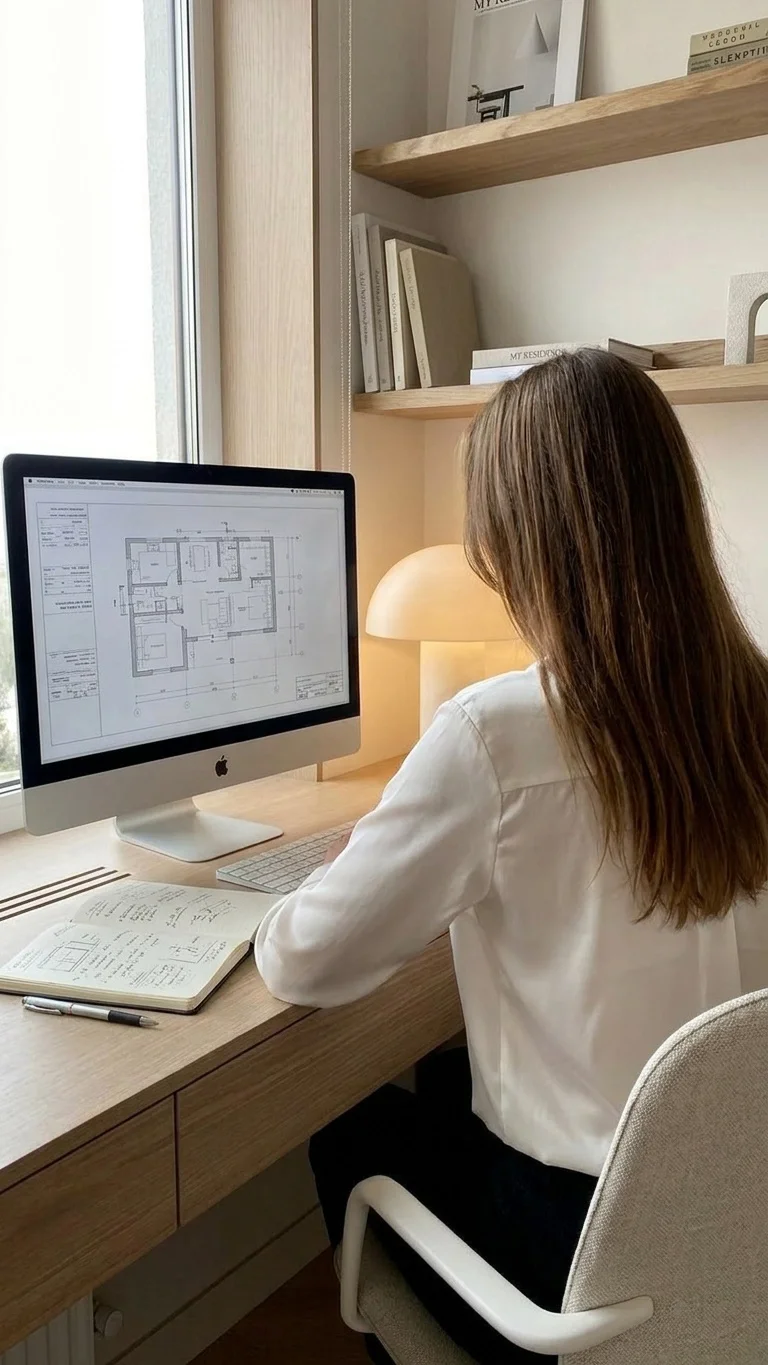 Donna che lavora a un computer con un progetto di planimetria di un edificio, al suo fianco una lampada, di fronte a una finestra con scaffali di legno con libri e decorazioni.