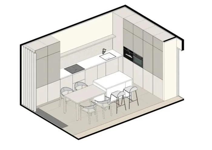 Rappresentazione 3D di una cucina moderna con isola, tavolo da pranzo con sedie e armadiature bianche.