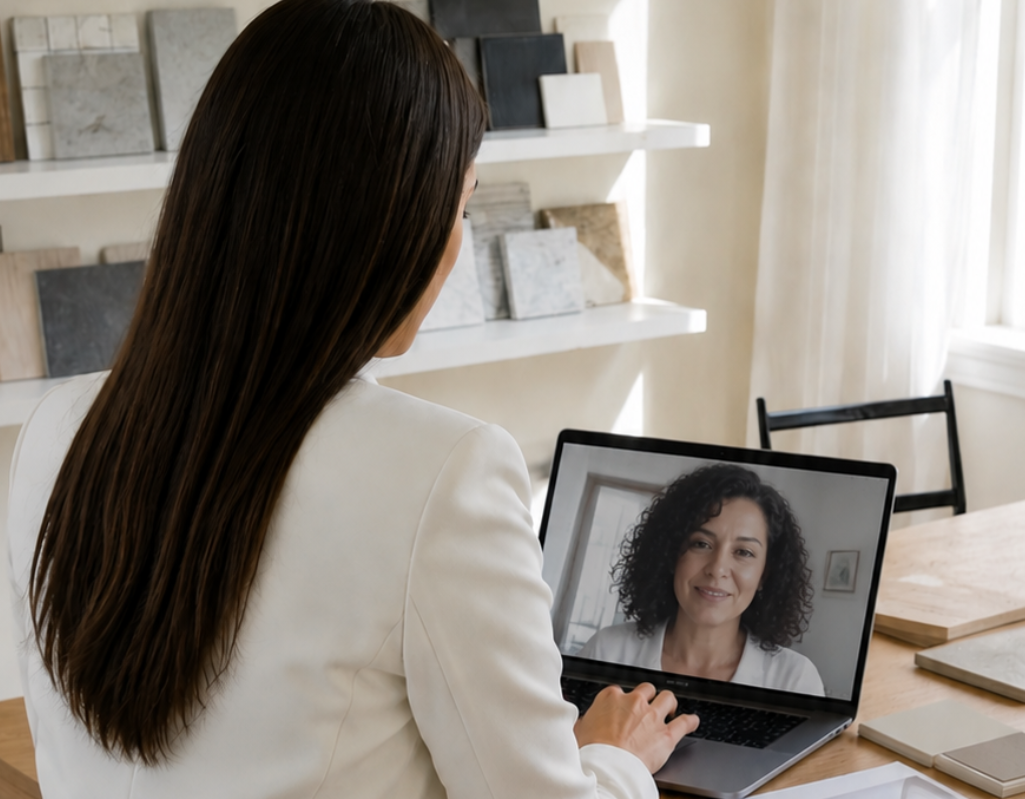 "Consulenza di interior design online di Ordine3: videochiamata con una cliente per progettare casa su misura"