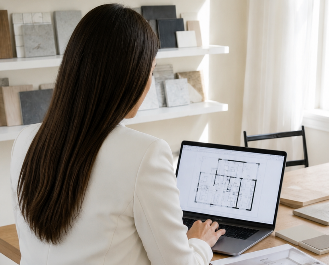 Donna con capelli lunghi che lavora su un computer portatile con progetto di pianificazione architettonica, seduta a un tavolo in uno studio con campioni di materiali in sfondo.