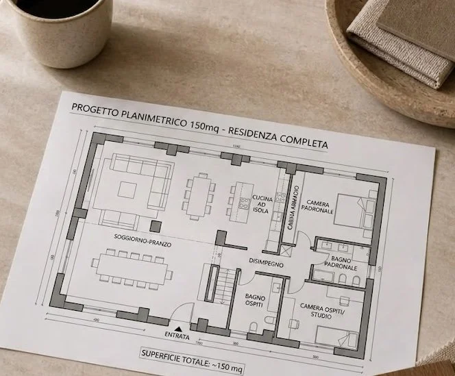 Planimetria di una residenza con varie stanze, tra cui soggiorno-pranzo, cucina, camere da letto, bagni e ingresso.