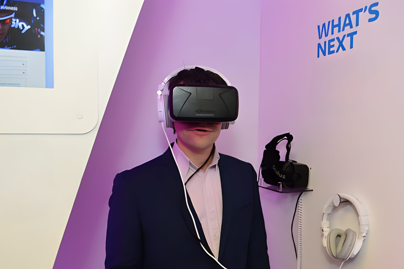 Visitor using a VR headset to explore immersive content at the Sky Visitor Centre Careers Lab