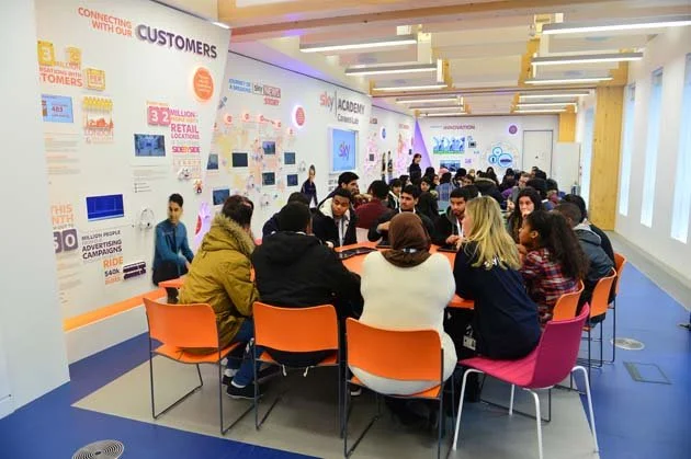 Group workshop session taking place in the Sky Careers Lab experience space