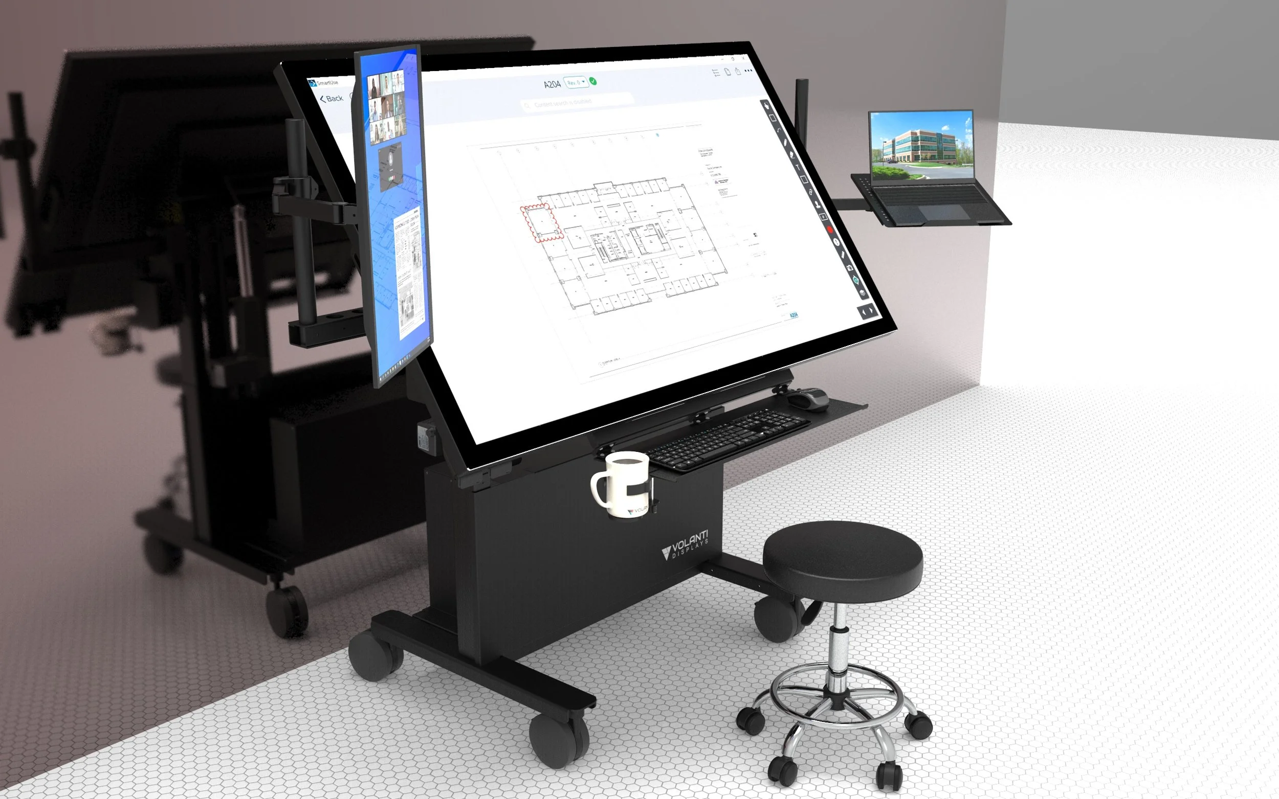 Volanti interactive plan review display with a large touch screen mounted on a mobile workstation for collaborative design and document review