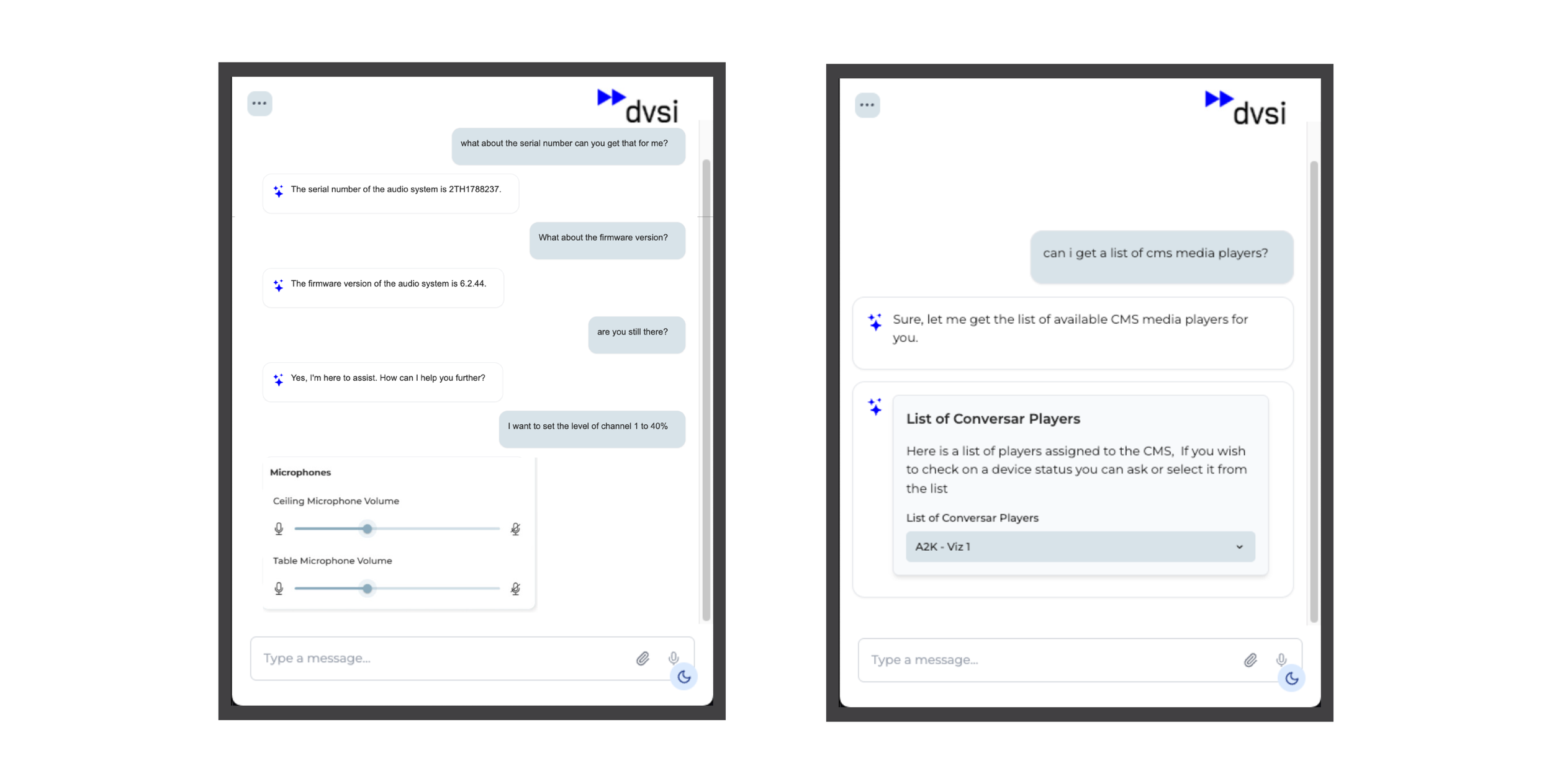 AI:EX conversational interface showing natural language control of audiovisual systems, including device information, firmware details, and CMS media player management.