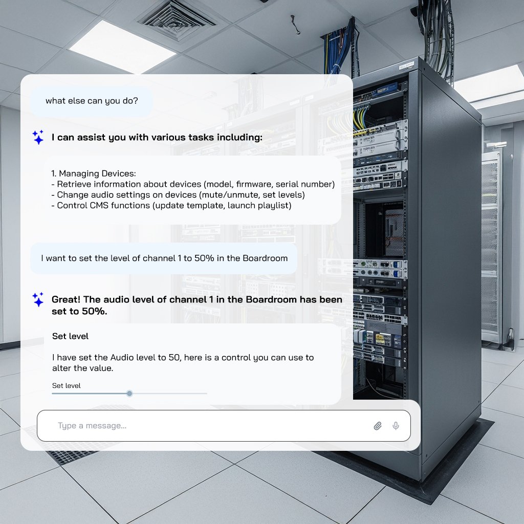 AI:EX AV assistant interface showing live support chat and audio control level