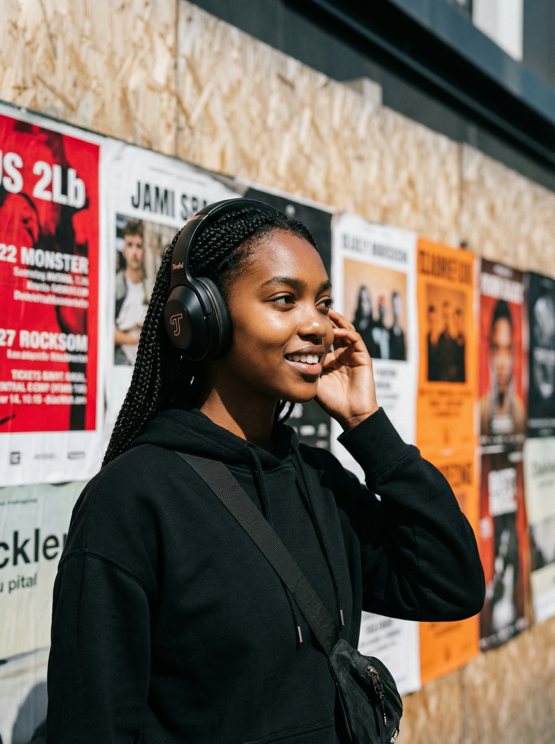 Eine junge Frau mit schwarzen Zöpfen trägt Kopfhörer und eine schwarze Kapuzenjacke vor einer Wand mit bunten Veranstaltungsplakaten.