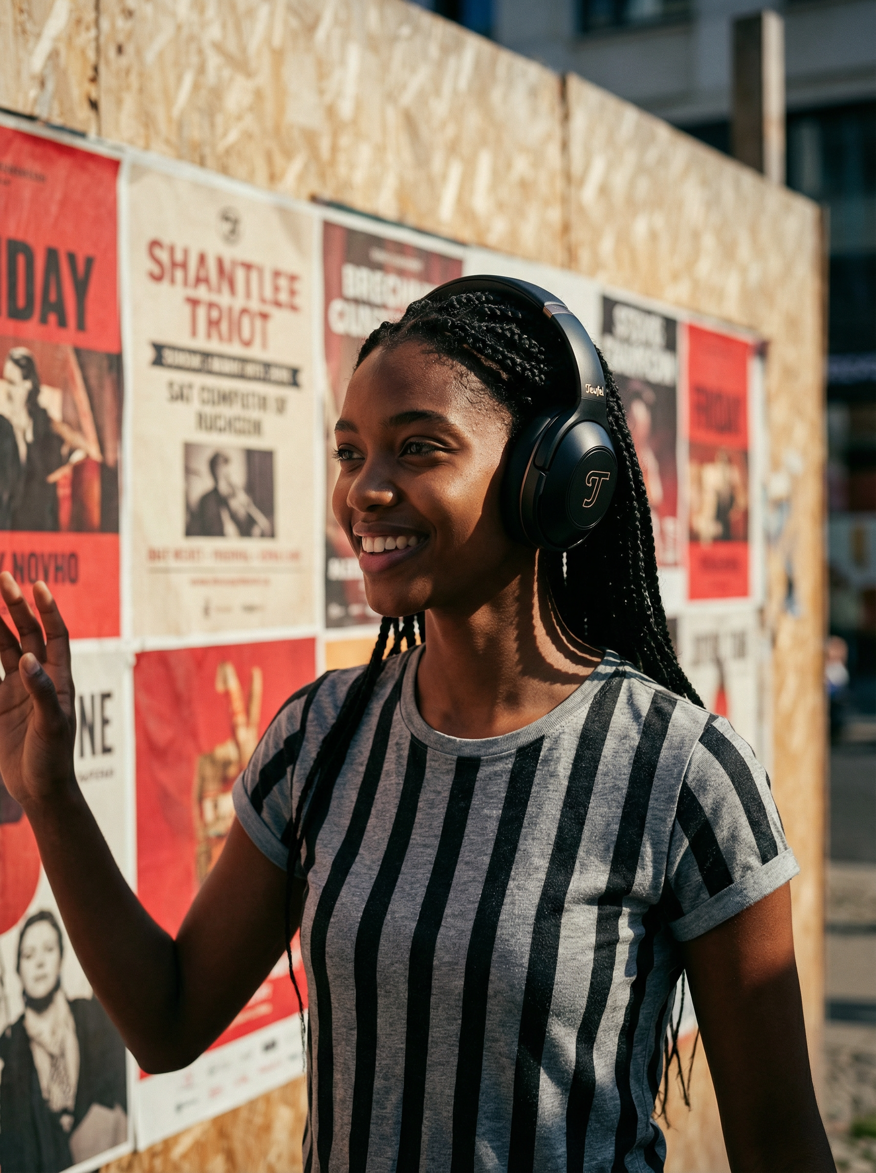 Eine junge Frau mit Zöpfen trägt Kopfhörer und lächelt, während sie vor einem Posterwand steht.