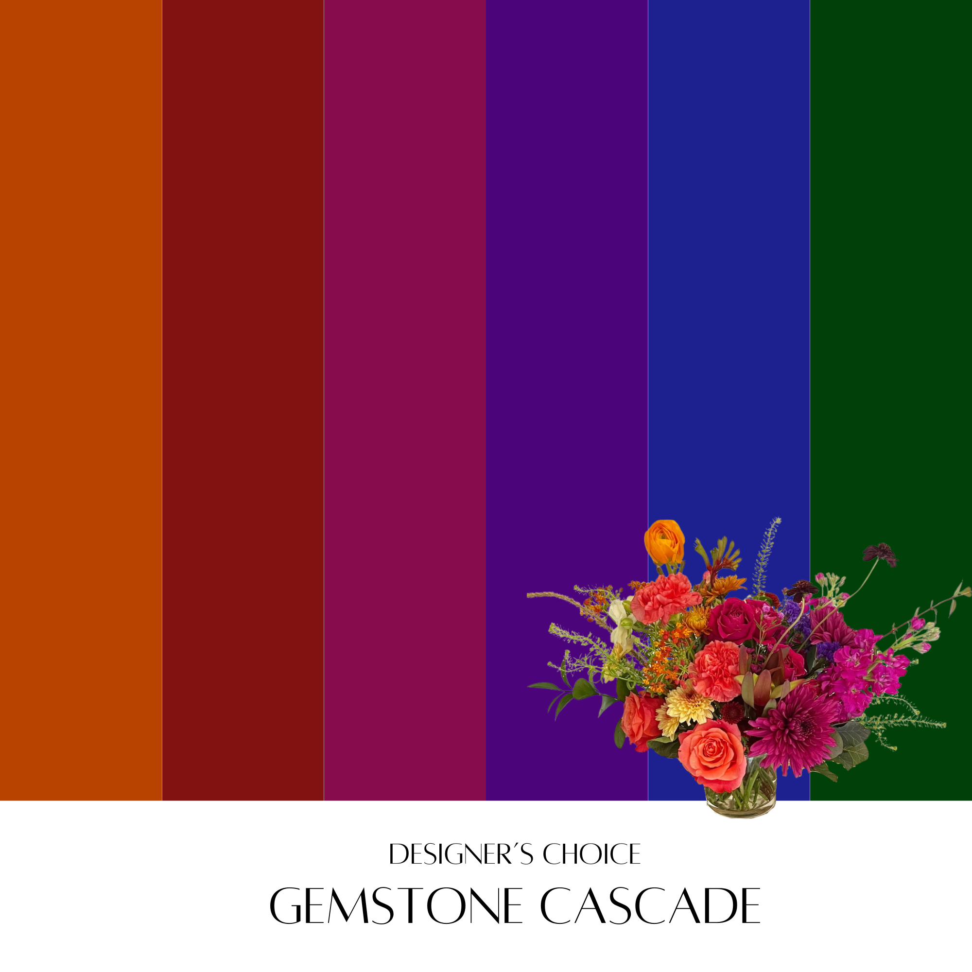 Gemstone Cascade flower arrangement at Meadow Edge Blooms, Columbia SC's top florist, featuring a vibrant palette of orange, red, purple, blue, and green for dynamic, eye-catching floral displays.