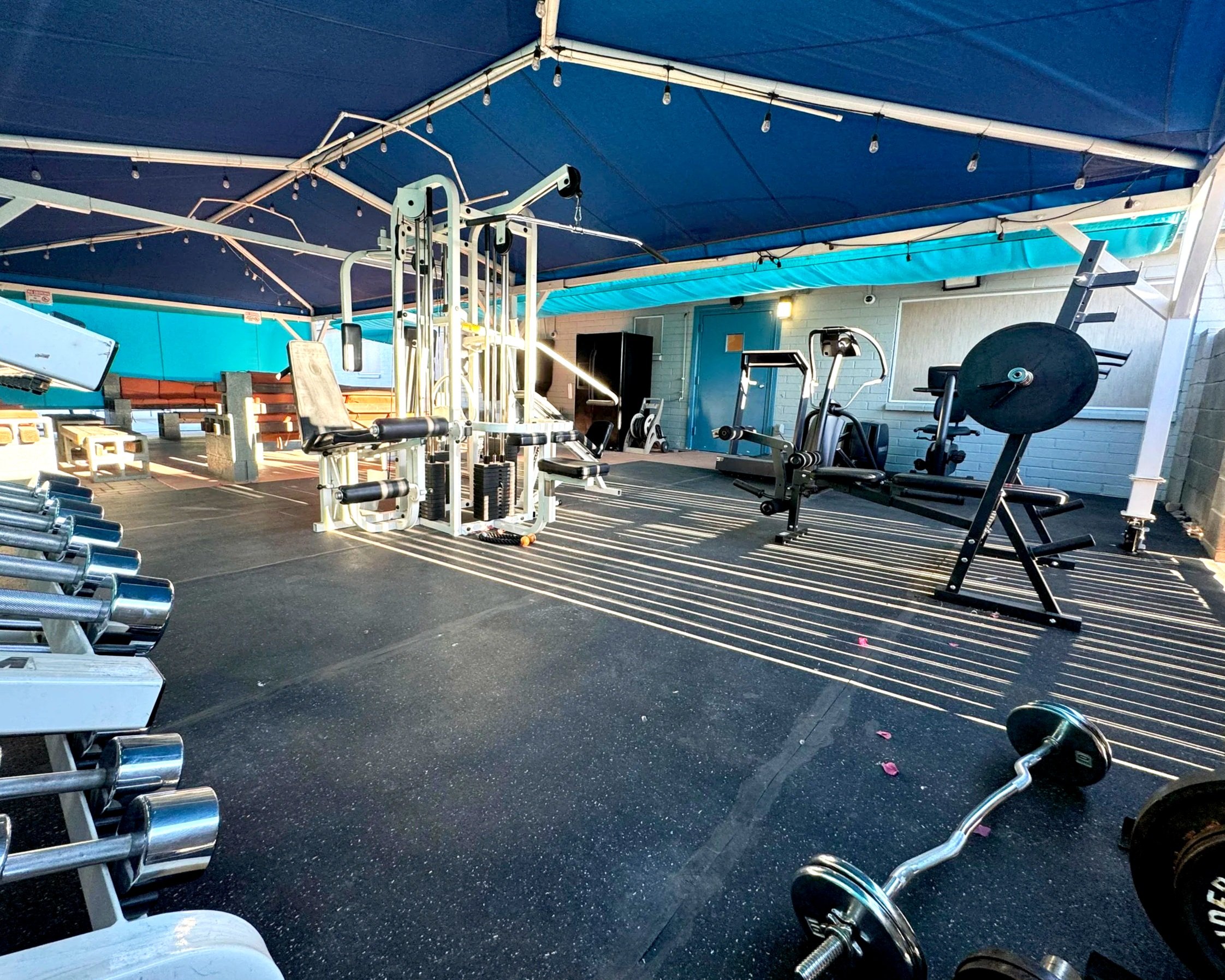 full outdoor gym with free weights, barbells, treadmills, and more