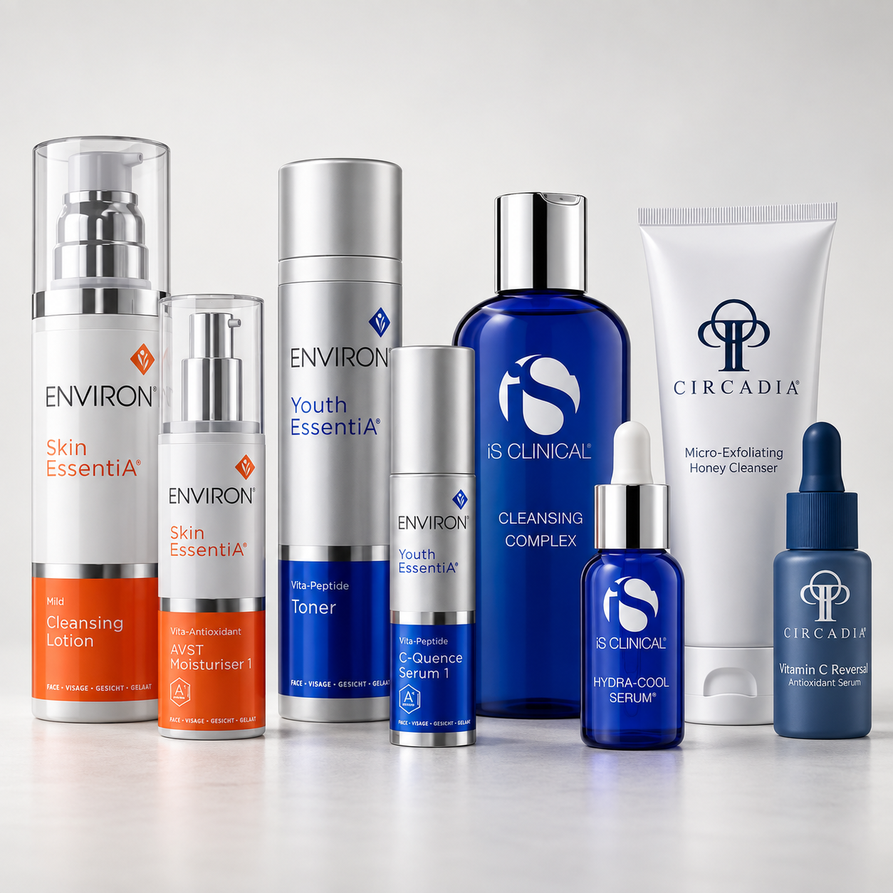 Skincare products arranged on a counter