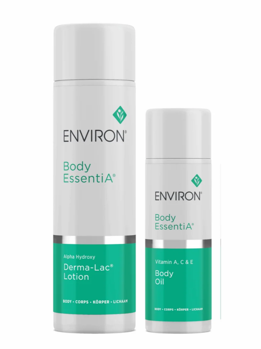 Environ Vitamin A, C and E Body Oil and Derma-Lac Lotion, a duo used to exfoliate and nourish body skin
