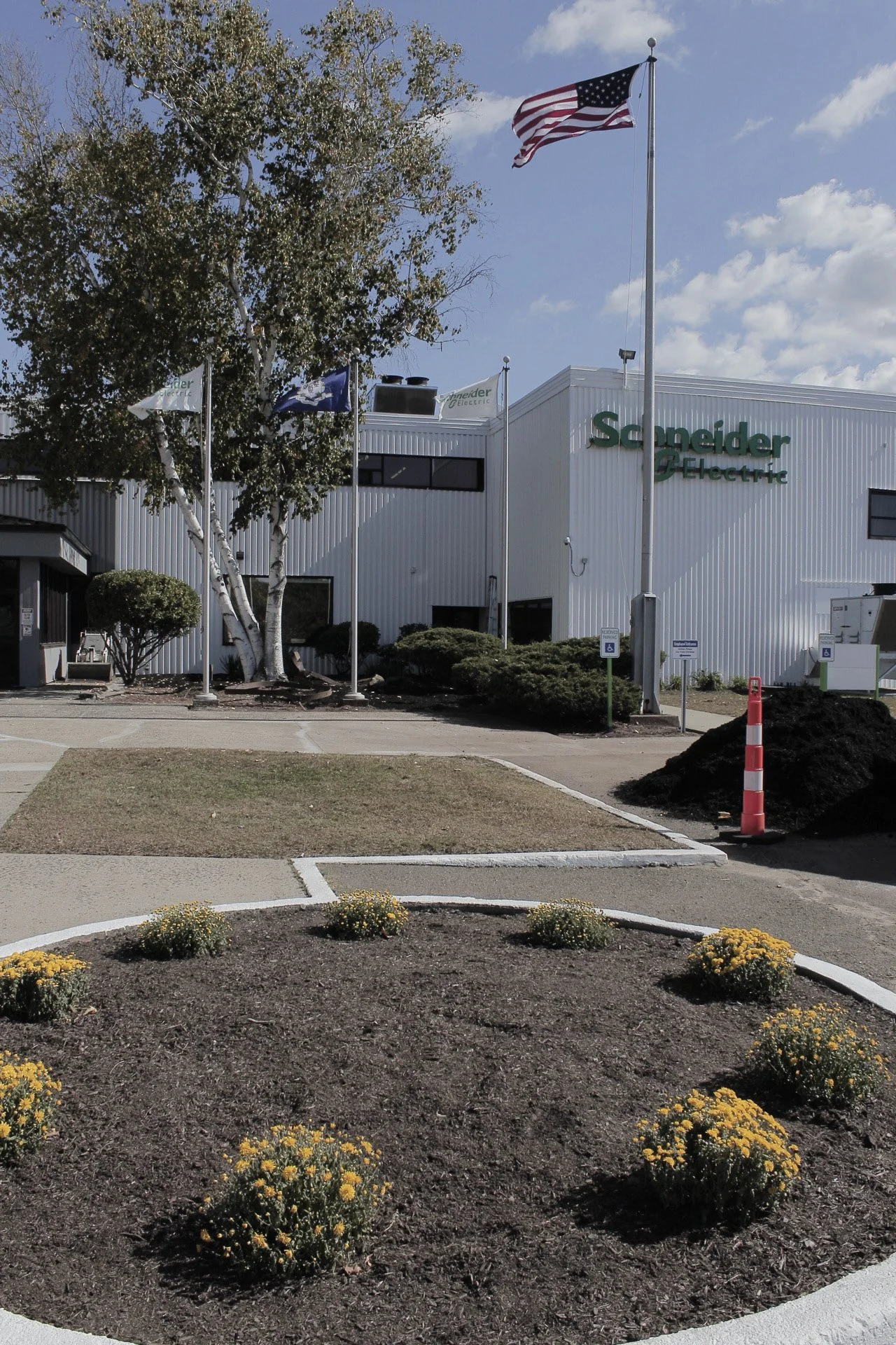 Exterior of a Schneider Electric building with an American flag flying on a tall flagpole. There are several smaller flags and landscaping with bushes, small trees, and yellow flowers in the foreground. The sky is partly cloudy.