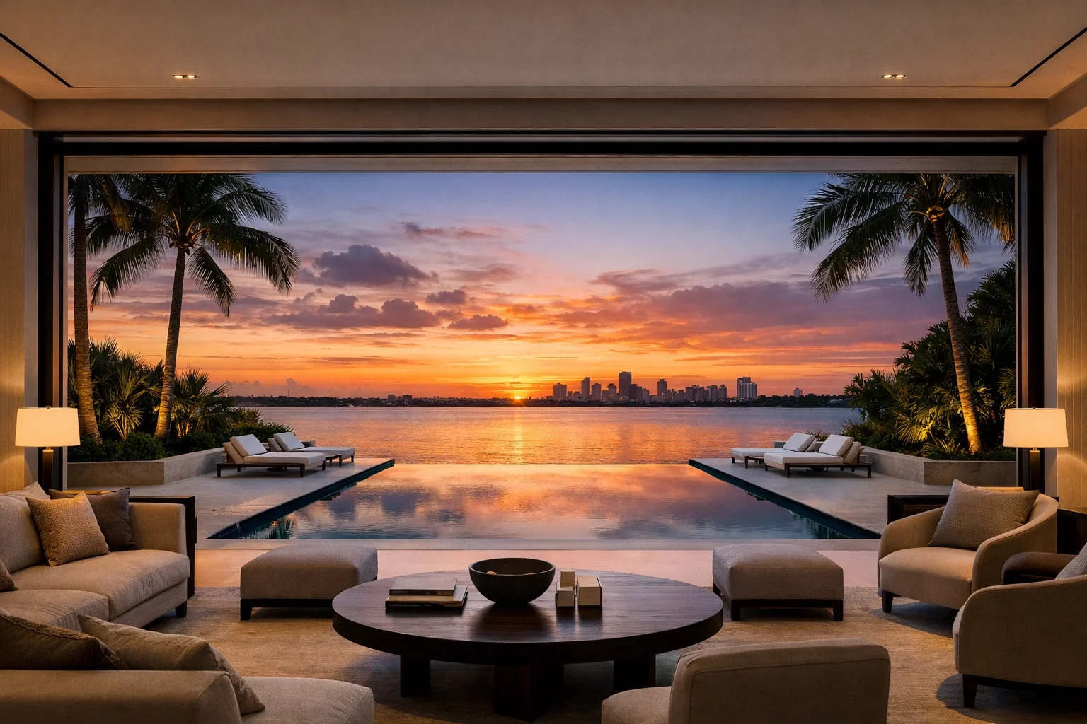 Luxury Miami waterfront estate featuring seamless indoor-outdoor living and sunset infinity pool views.