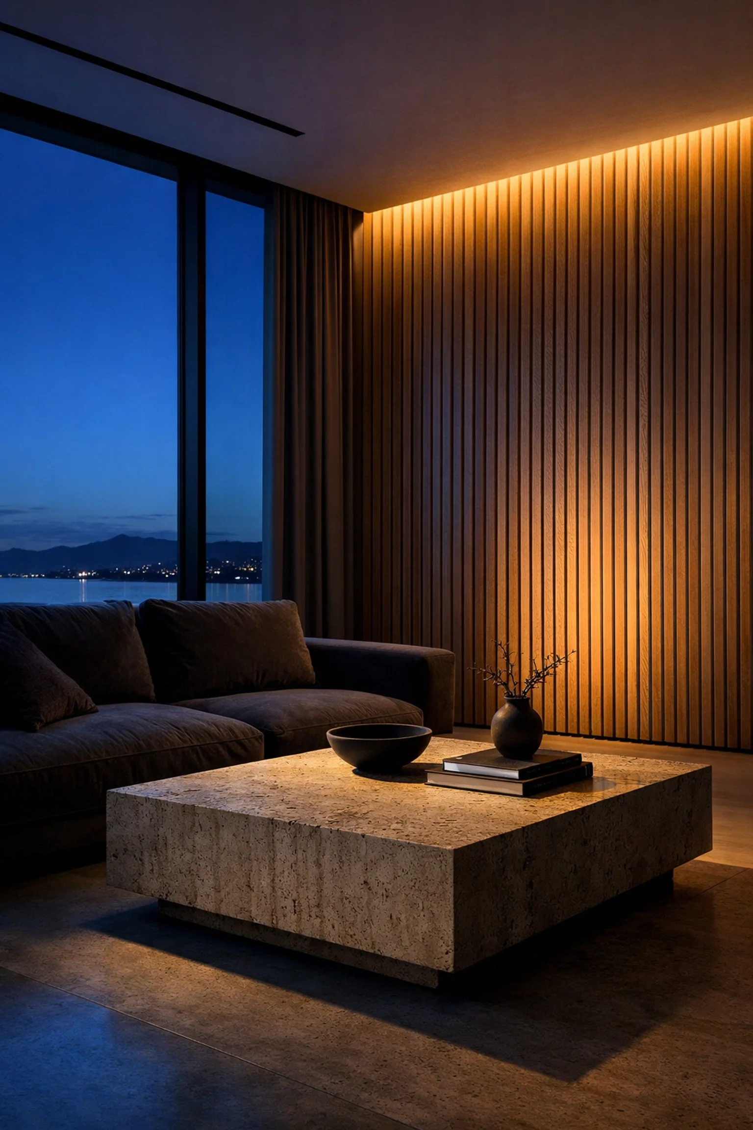Minimalist luxury living room with floor-to-ceiling windows and fluted oak walls in blue hour light.