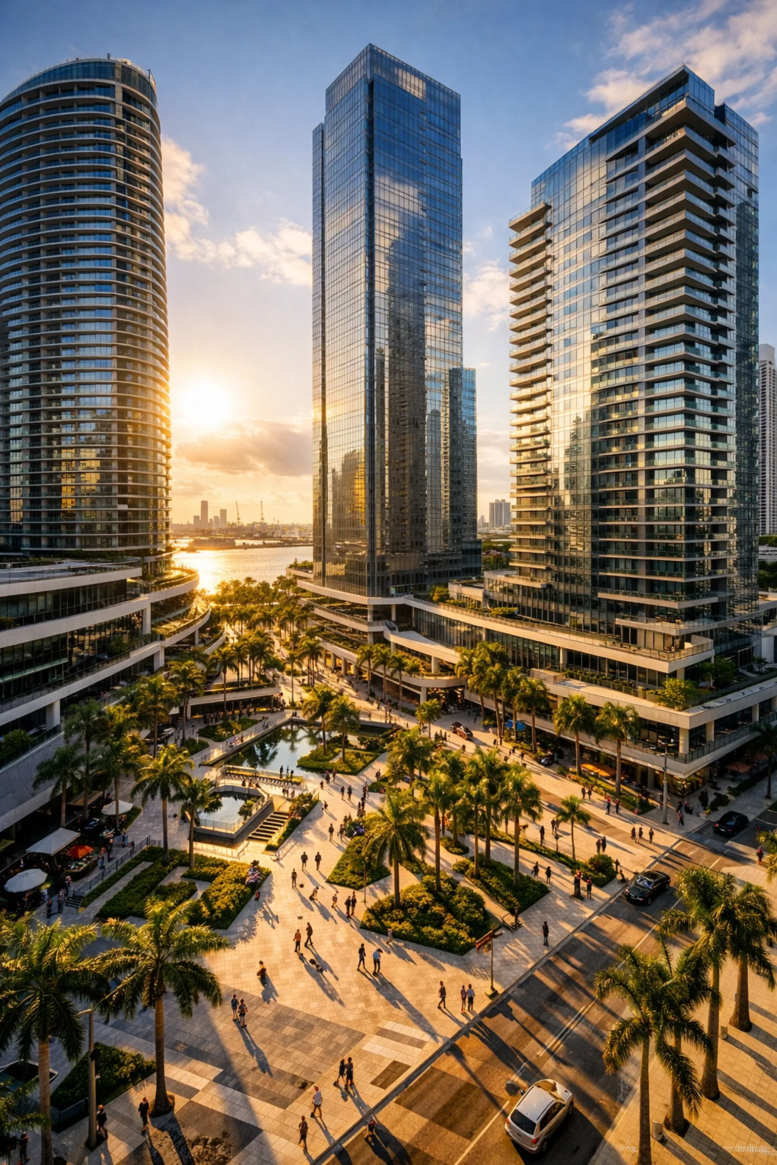 Low-angle architectural photography of a Miami skyscraper showcasing vertical alignment and technical precision.