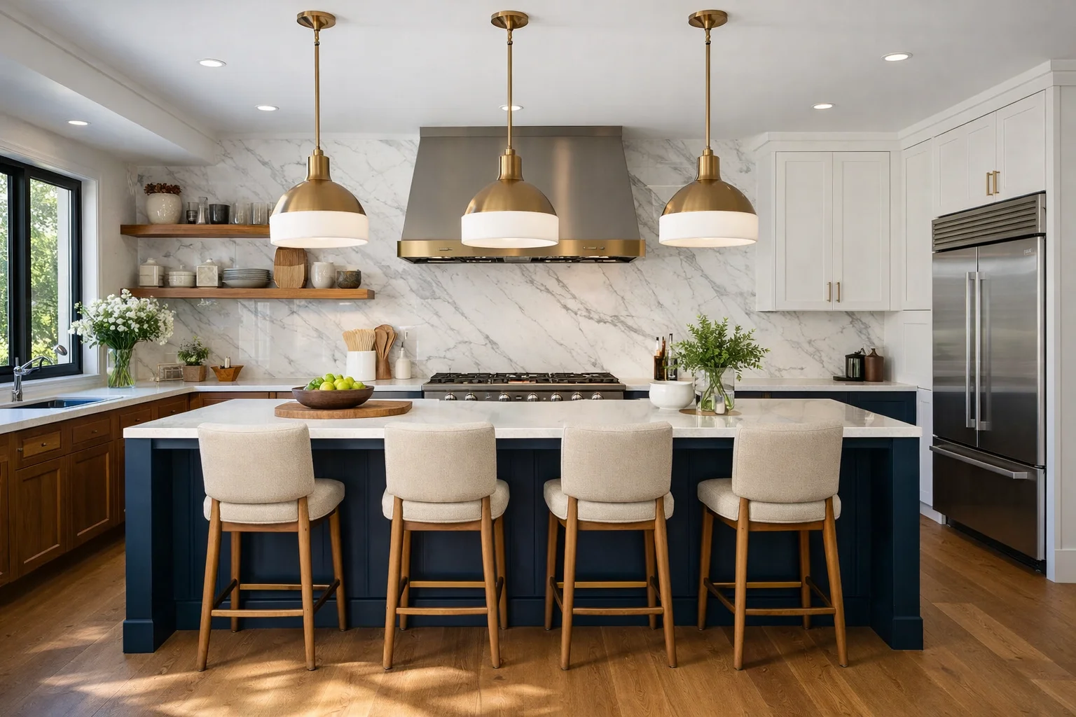 Professional kitchen photography with a navy-blue island and marble backsplash showing accurate material colors.