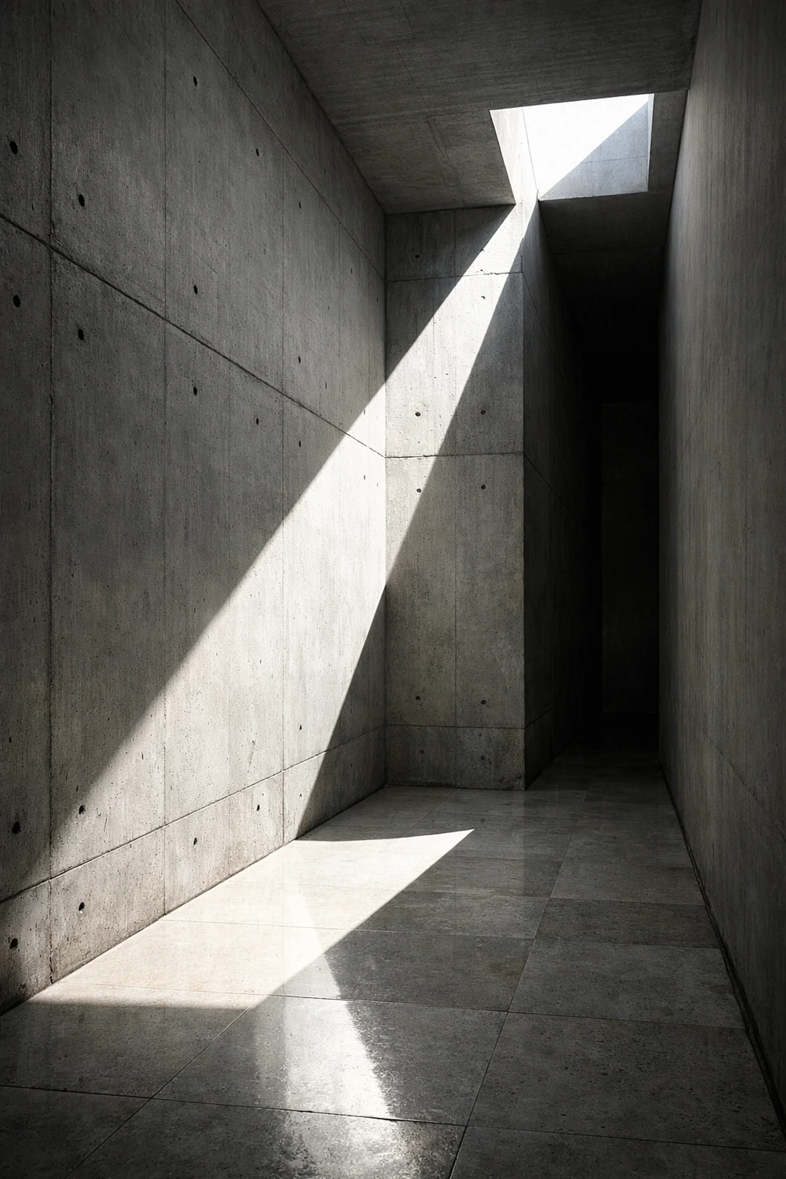 Modern architectural photography showing natural light patterns in a concrete and limestone corridor