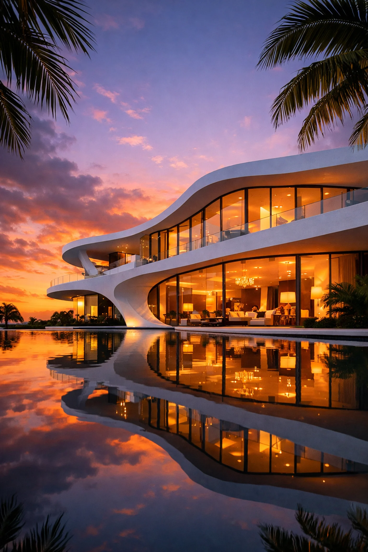 Luxury modern villa in Miami featuring curved white concrete and an infinity pool at sunset.