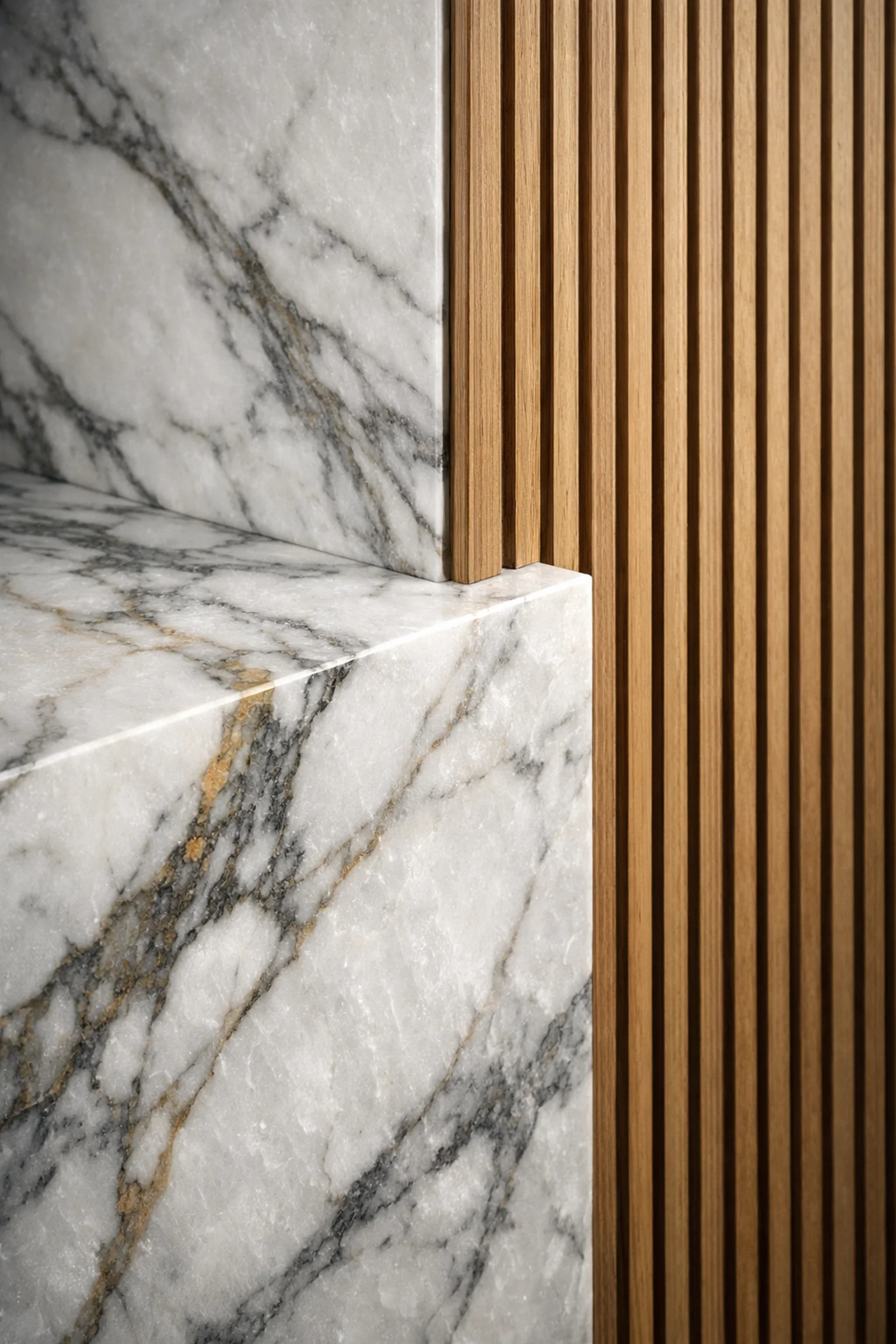 Macro architectural photography in Miami showing the luxury textures of Calacatta marble and fluted white oak.