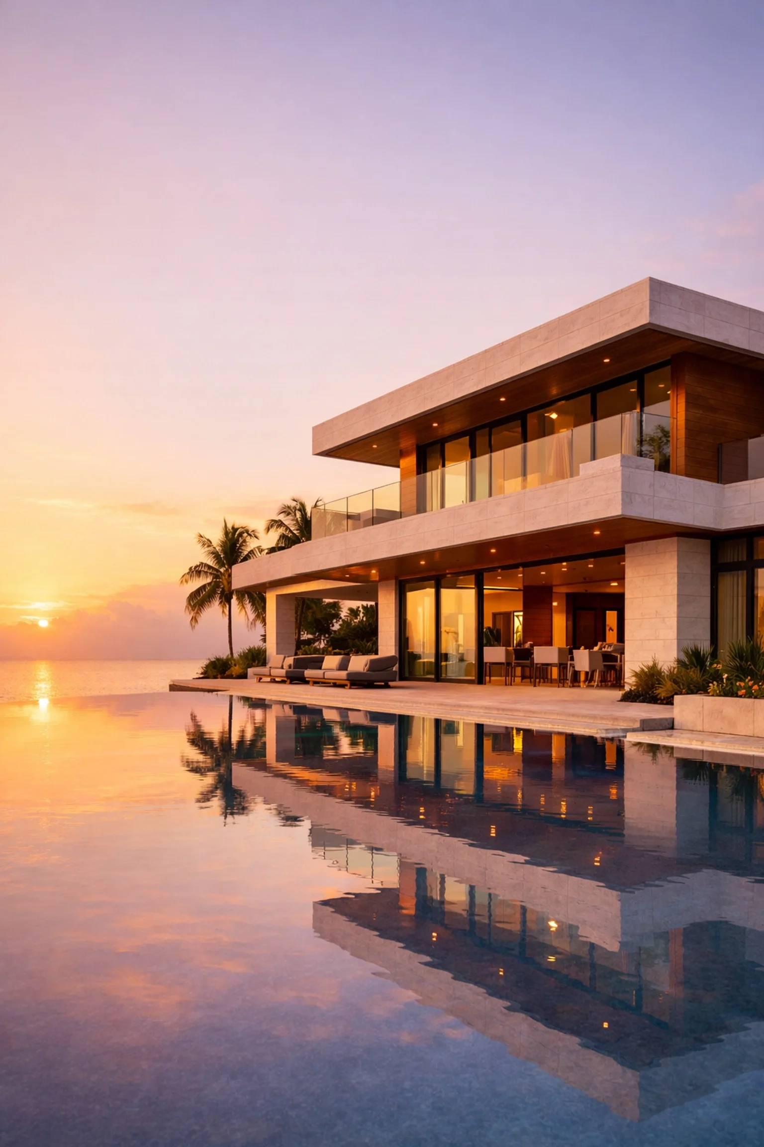 Miami waterfront estate architectural photography during the subtropical golden hour.