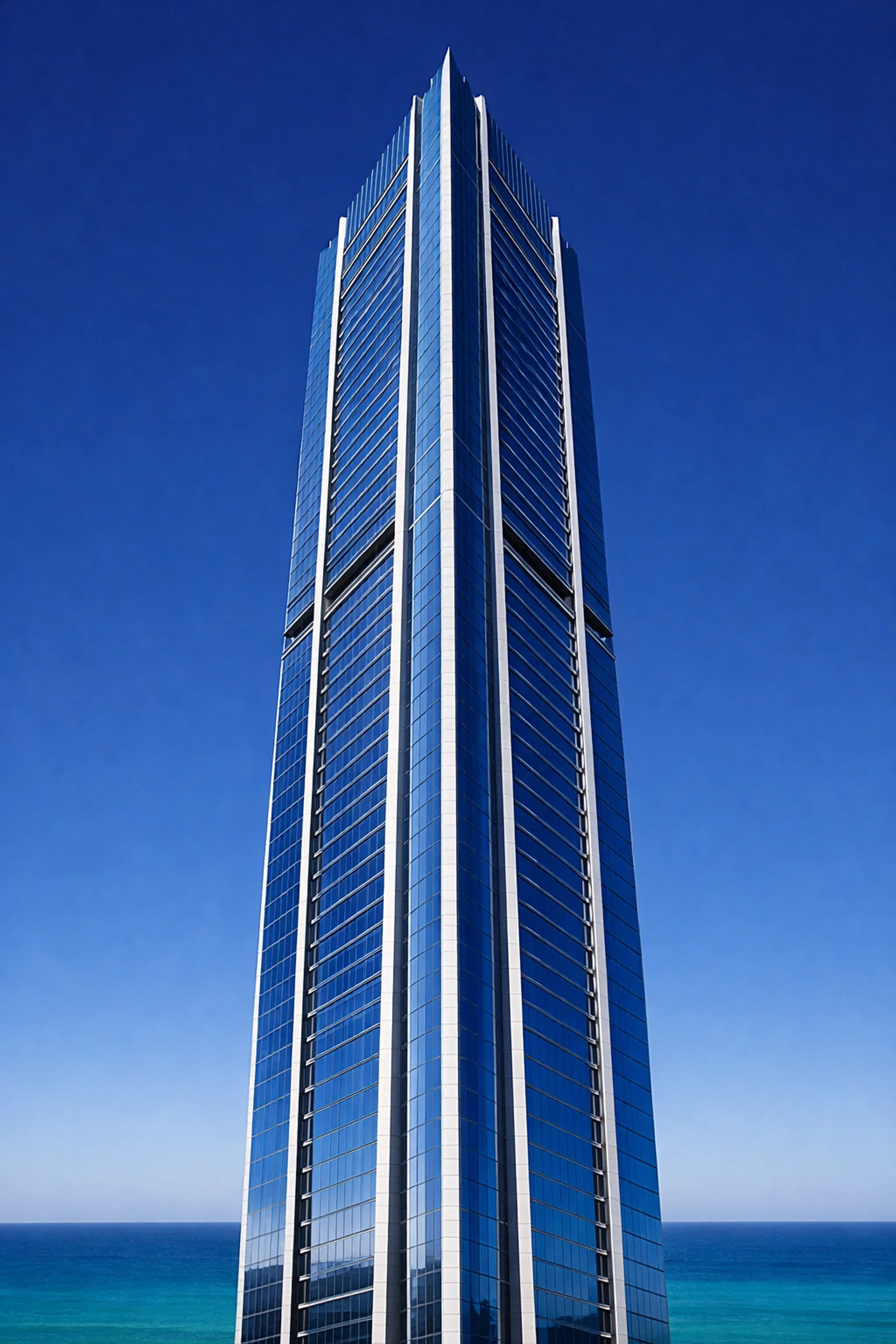 Low-angle architectural photography of a Miami skyscraper showcasing vertical alignment and technical precision.