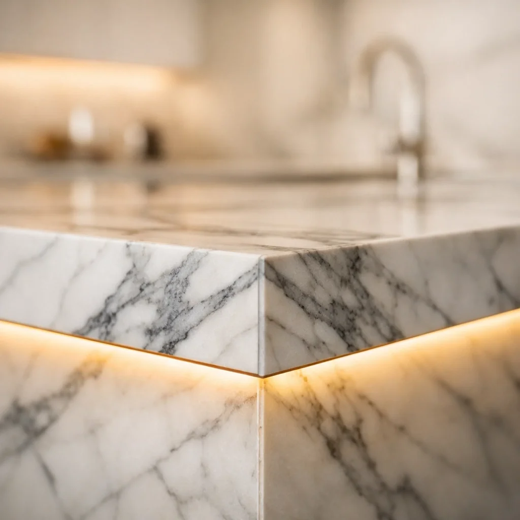 Close-up of a Calacatta marble kitchen island edge highlighting luxury craftsmanship and interior photography.