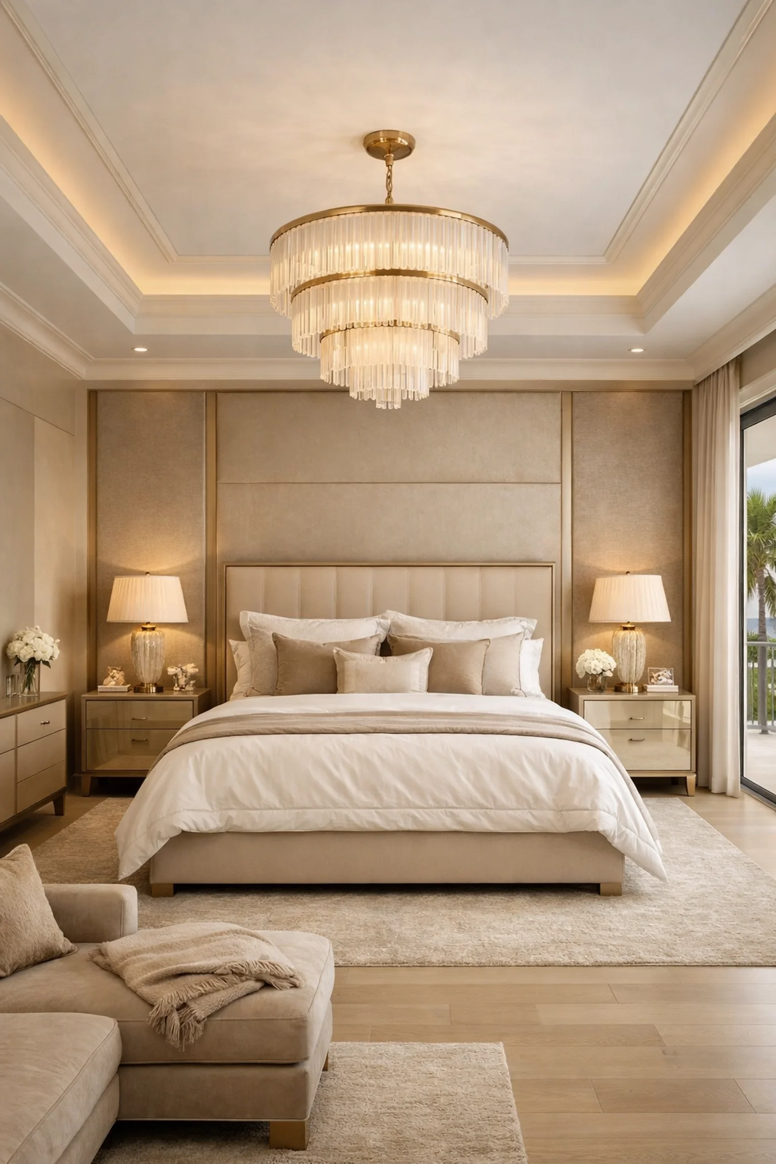 Luxury Florida master suite photography with perfect vertical alignment and sophisticated neutral tones.