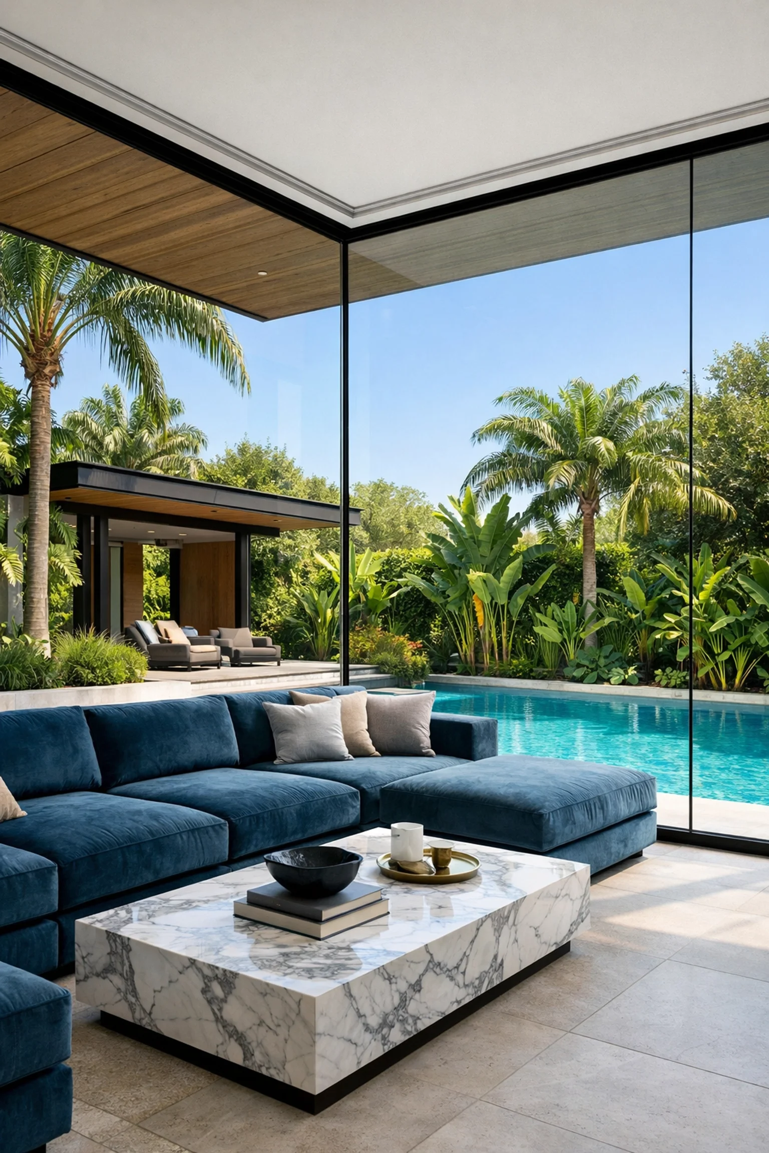 Luxury interior photography showcasing seamless indoor-outdoor flow through glass walls.