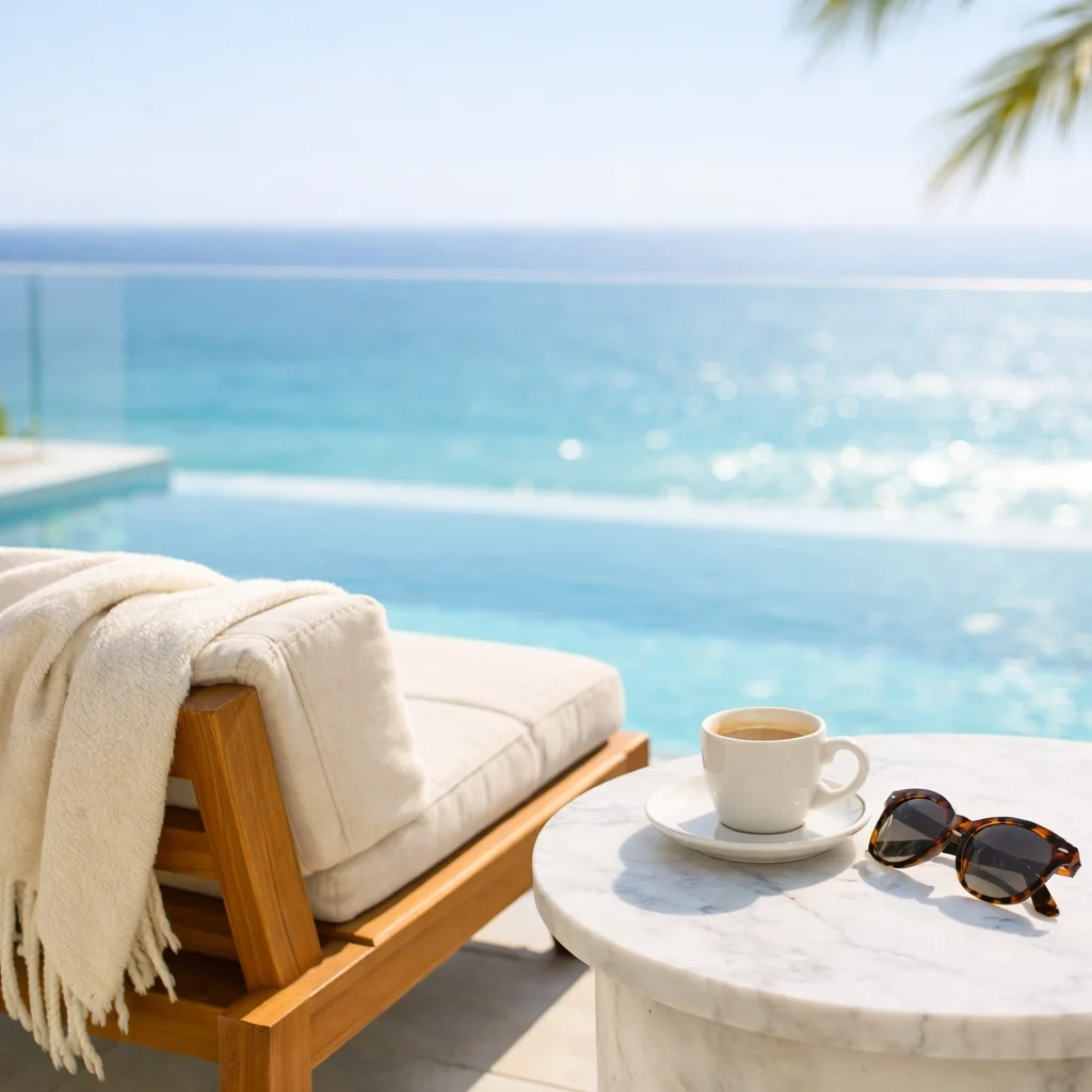 Lifestyle hospitality photography of a luxury oceanfront balcony with a lounge chair and espresso cup.