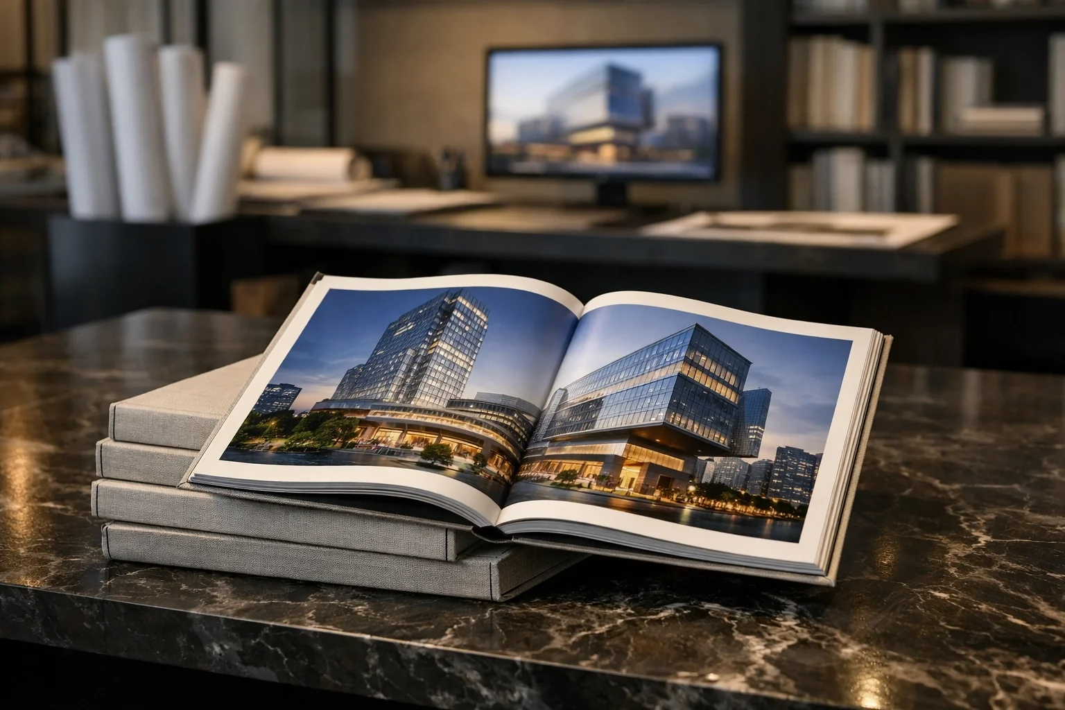 Architecture firm portfolio books displayed on a marble table in a luxury design office library.