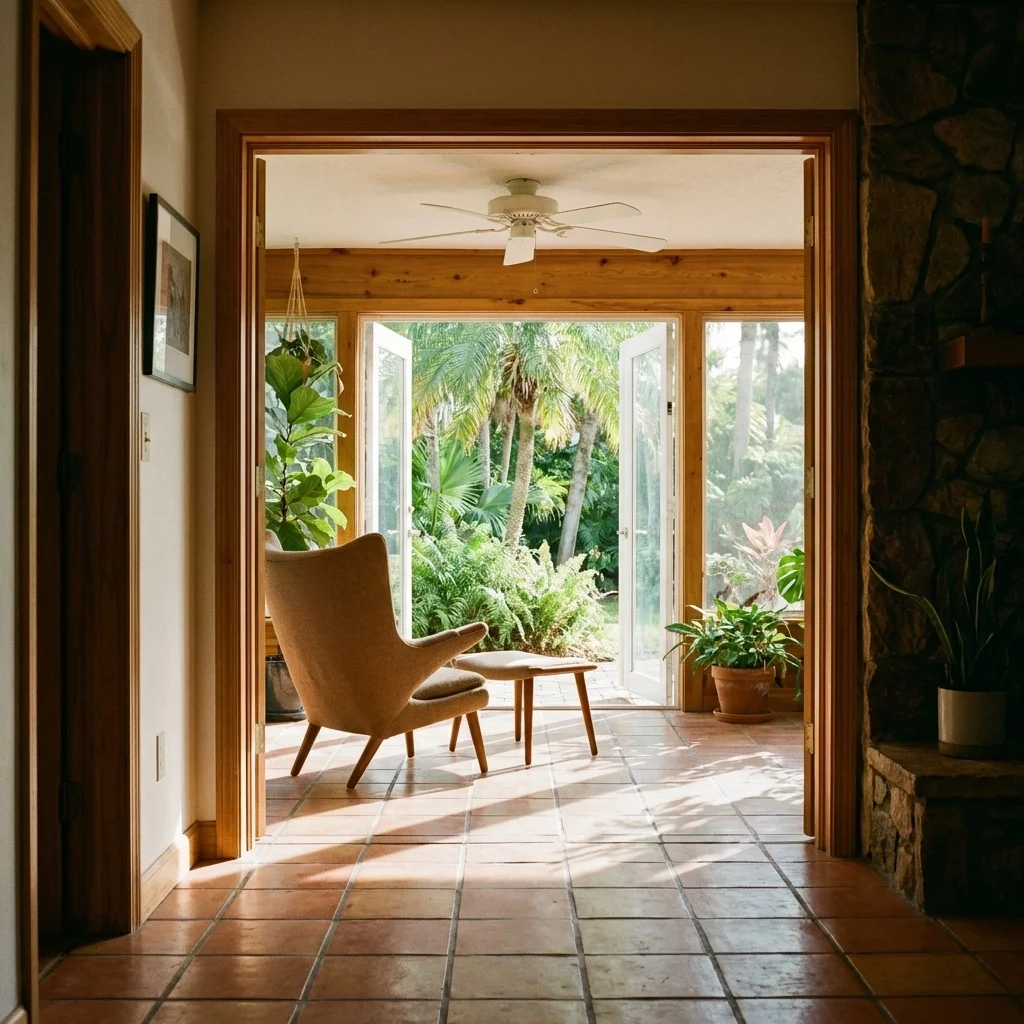 Architectural photography capturing the seamless transition between a Florida sunroom and a tropical garden.