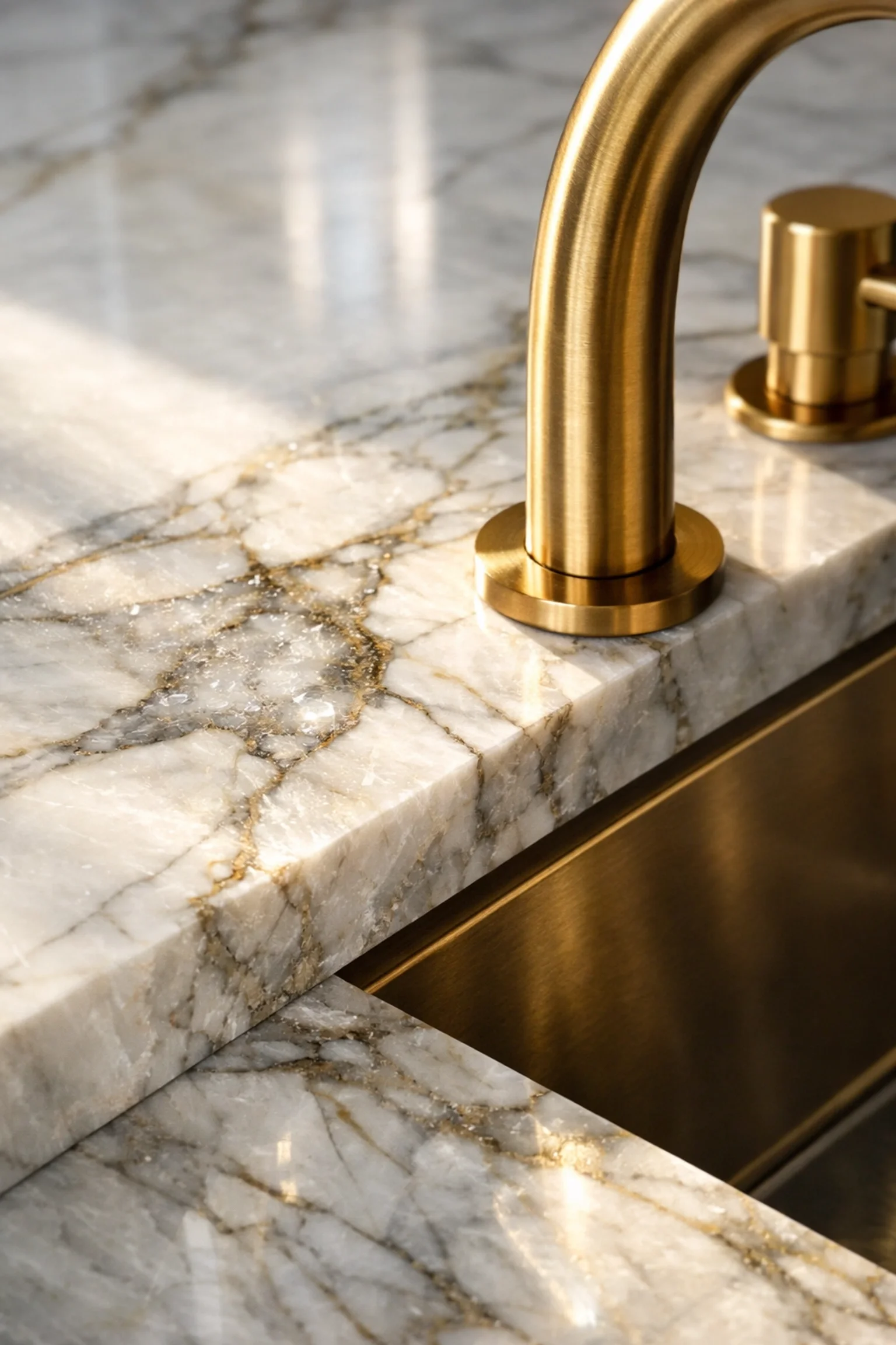 Detailed view of Calacatta marble kitchen island and gold faucet in a luxury Miami penthouse.