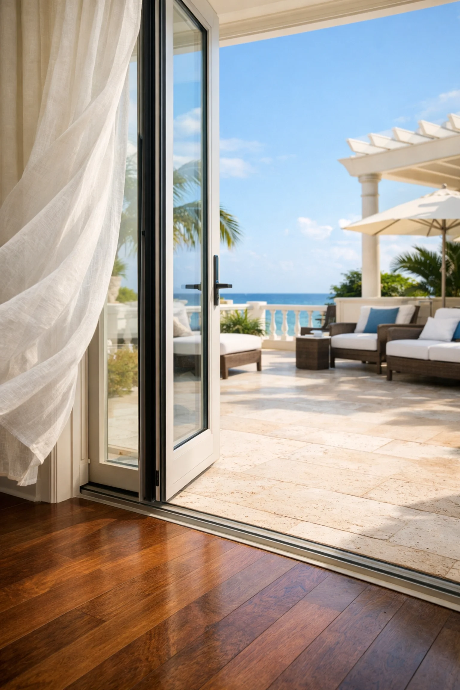 Airy Palm Beach estate transition shot from indoor hardwood to outdoor coral stone terrace.
