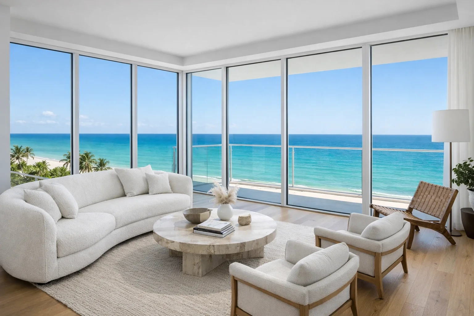 Miami beachfront living room photography showing balanced exposure between interior design and ocean views.
