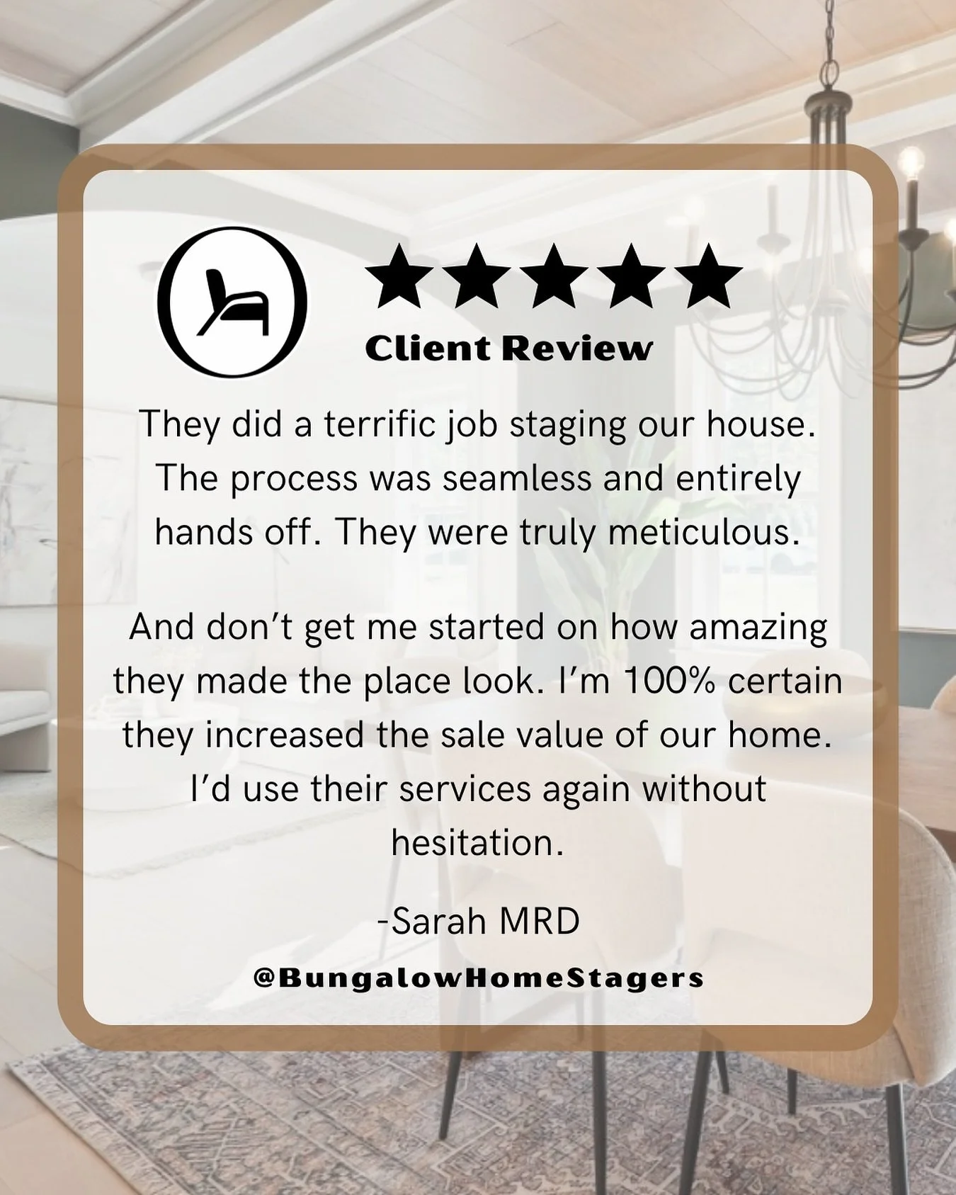 We&rsquo;re so grateful for kind words like these! Thank you, Sarah, for trusting us to bring your home to life &mdash; and congratulations on a successful sale! 💛
Days on market: 6
Multiple Offers 
$300K over asking 💣 
#ClientLove #BungalowHomeSta