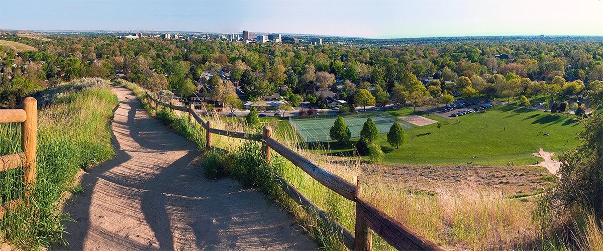 view from the top of camels back park looking over downtown boise